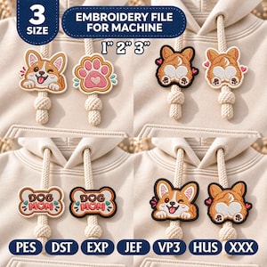 Diseño de bordado para sudadera con capucha de mamá de perro Corgi / Mini parche ITH con huella de pata de trasero de Corgi / Etiqueta para cordones de zapatos para amantes de las mascotas Archivo PES JEF VP3
