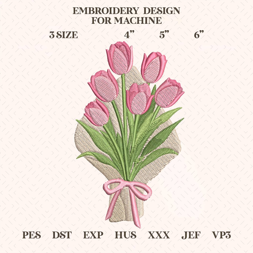 Pink Tulip Flower Embroidery Design, Spring Floral Machine Embroidery ...