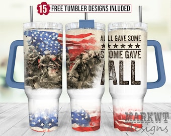 May include: A stainless steel tumbler with a blue handle and lid. The tumbler features a watercolor design of the American flag with soldiers marching in the background. The text "All gave some, some gave all" is printed on the tumbler.