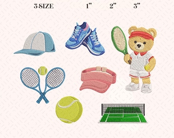May include: Embroidery design for machine featuring tennis-themed elements. Includes a baseball cap, tennis shoes, crossed rackets, a tennis ball, a visor, a teddy bear in tennis attire, and a tennis court. The design is available in 3 sizes.