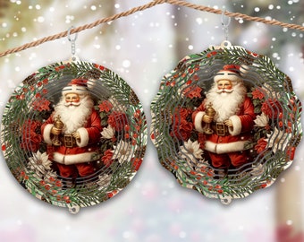 May include: A Christmas-themed metal wind spinner with a red and white Santa Claus holding a golden cup. The Santa is surrounded by green pine branches, red poinsettias, and white flowers. The wind spinner has a silver finish and is designed to spin in the wind.