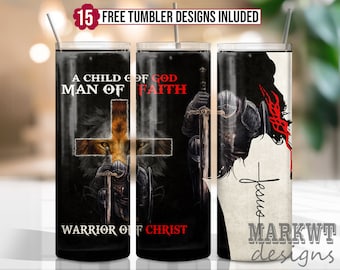 A Child Of God A Man Of Faith 20oz Tumbler Sublimation Wrap, Christian Tumbler PNG, Knight Templar Tumbler Gift, Digital Download Png