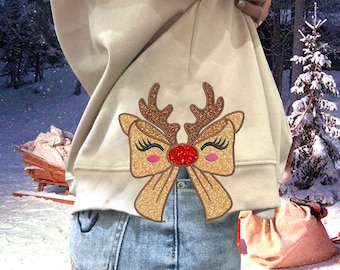 Side Bow Applique Sweatshirt Embroidery Design, Christmas Reindeer Bow, Christmas Embroidery Design, Instant Download, Bow Applique Design