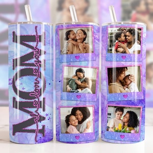 Mom Photo Tumbler wrap for 20 oz skinny tumblers. Sublimation PNG file with 'I Love You Mum' message and personalized photos. High-quality, vibrant design. Perfect for Mother's Day gifts. Digital download file