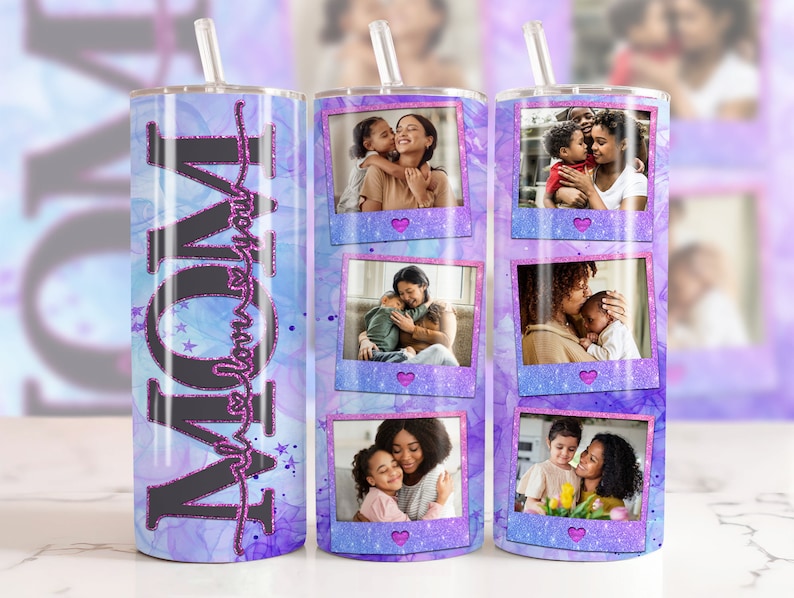 Mom Photo Tumbler wrap for 20 oz skinny tumblers. Sublimation PNG file with 'I Love You Mum' message and personalized photos. High-quality, vibrant design. Perfect for Mother's Day gifts. Digital download file