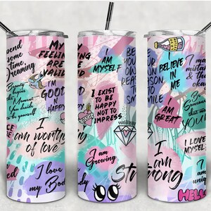 20oz Skinny Straight Positive Affirmation Tumbler Sublimation Design, Self Care Tumbler Straight PNG Digital Download, I Am Strong Tumbler