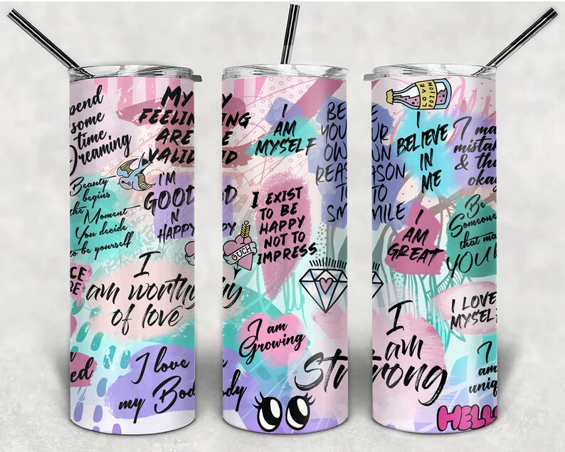 20oz Skinny Straight Positive Affirmation Tumbler Sublimation Design, Self Care Tumbler Straight PNG Digital Download, I Am Strong Tumbler
