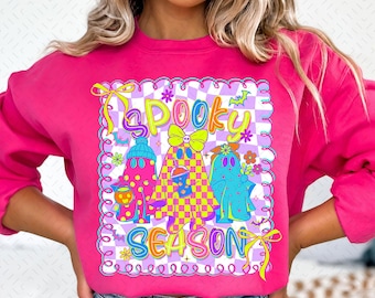 Spooky Season Png, Neon Halloween Floral Ghost Png, Cute Boo Ghost Coquette Png, Preppy Pumpkin Shirt Design, Checker Ghost Sublimation