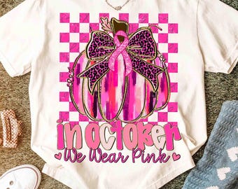 Coquette Breast Cancer Pumpkin Png, In October We Wear Pink Png, Breast Cancer Support Png, Pink Ribbon Png, Leopard, Checkered, Glitter