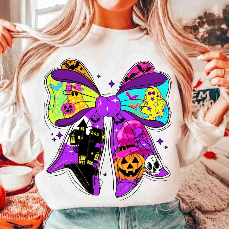 May include: White sweatshirt featuring a large, colorful Halloween bow design. The bow includes a haunted house, jack-o'-lantern, ghosts, bats, and spiderwebs. The bow is outlined in black and has purple, green, yellow, and blue accents.