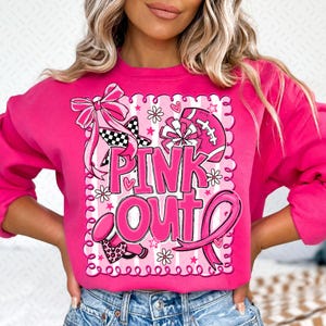 Pink Out png, Breast Cancer Football Bow Shirt Design, Girly Game Day Sublimation, Coquette Pink Cheer Png, Retro Football Mom Png Download