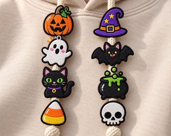 Halloween Hoodie String Charm Embroidery Bundle, Spooky Pumpkin Ghost Cat Witch Hat Embroidery, ITH Halloween Machine File, Instant Download