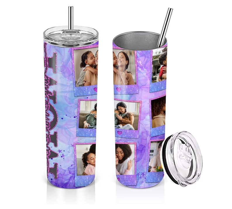 Mom Photo Tumbler wrap for 20 oz skinny tumblers. Sublimation PNG file with 'I Love You Mum' message and personalized photos. High-quality, vibrant design. Perfect for Mother's Day gifts. Digital download file