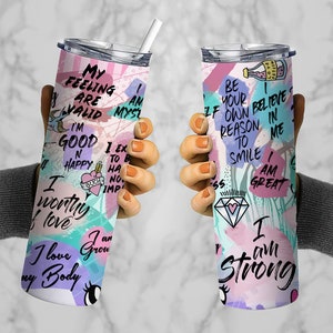 20oz Skinny Straight Positive Affirmation Tumbler Sublimation Design, Self Care Tumbler Straight PNG Digital Download, I Am Strong Tumbler