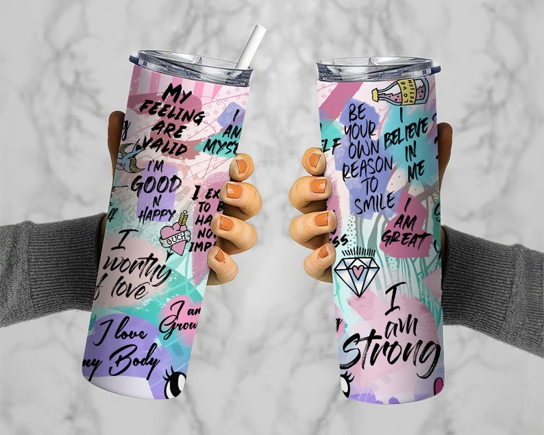 20oz Skinny Straight Positive Affirmation Tumbler Sublimation Design, Self Care Tumbler Straight PNG Digital Download, I Am Strong Tumbler