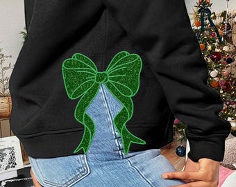 Diseño de bordado de sudadera con aplique de lazo lateral, lazo verde con purpurina, diseño de bordado navideño, descarga instantánea, aplique de lazo, motivo/acolchado