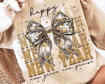Happy New Year 2025 Png, Gold Coquette Bow Png, Retro New Years Png, Glitter Disco Ball Bow Png, New Year New Praise Png, Varsity Png
