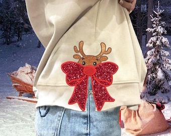 Side Bow Applique Sweatshirt Embroidery Design, Christmas Reindeer Bow, Christmas Embroidery Design, Instant Download, Bow Applique Design
