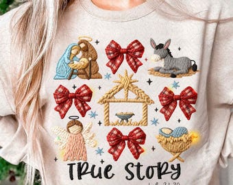 Faux Yarn True Story PNG Christian Christmas Nativity Scene PNG Three frames Jesus Pink Blue gold Whimsical Gingham Retro Girl kid 2025