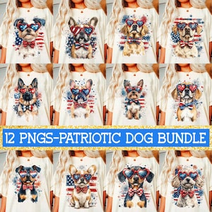 Könnte beinhalten: Eine Auswahl cremefarbener T-Shirts mit verschiedenen Hunderassen, die herzförmige Sonnenbrillen und Fliegen in patriotischen Rot-, Weiß- und Blautönen tragen. Der Text "12 PNGS-PATRIOTIC DOG BUNDLE" ist auf einem blauen Banner zu sehen.
