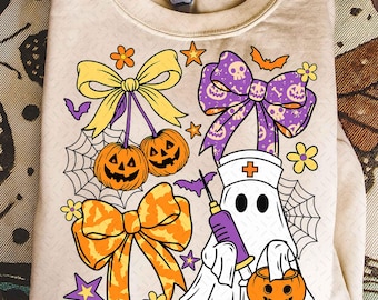 Nurse Halloween Coquette Png, Cute Spooky Nurse Shirt Design, Funny Ghost Nurse Png, Preppy Halloween Nurse Png, ER Nurse Sublimation