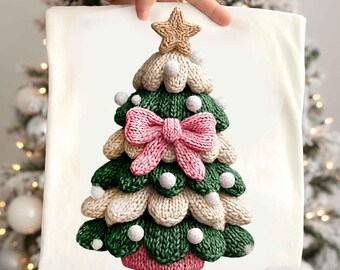 Faux Yarn Christmas Tree PNG Coquette Pink Bow Tree Preppy PNG Latch Hook Crochet PNG Retro Xmas Girly kids Trendy 2025 Png Ornament Holiday