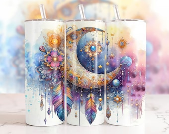 Celestial Tumbler Wrap 20 oz Skinny Tumbler Sublimation Design Boho Moon Tumbler Png Floral Sun Tumbler Design Seamless Digital Download