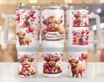 Baby highland cow Valentine 40oz wrap, Sublimation design templates, 40oz png Digital download. Clip art download, 40oz tumbler with handle