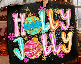 Colorful Glitter Holly Jolly Png, Christmas Png, Glitter Ornaments Christmas Png, Christmas Png, Christmas Coquette Png, Brushstroke