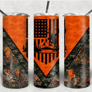 Deer Hunting Flag 20oz Sublimation Tumbler Designs, Camo Orange 9.2 x 8.3” Straight Skinny Tumbler Wrap, Mens Tumbler
