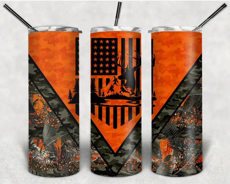 Deer Hunting Flag 20oz Sublimation Tumbler Designs, Camo Orange 9.2 x 8.3” Straight Skinny Tumbler Wrap, Mens Tumbler