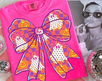 Halloween Neon Ghost Coquette Png, Girly Pastel Halloween Pumpkin Png, Cute Pink Ghost Bow Sublimation, Checkered Spooky Season Png