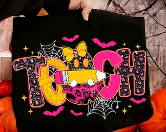 Griezelige leraar Halloween png, leraar Halloween-shirtontwerp png, roze luipaard spookleraar png, Trick or Teach png, leraar potloodstrik