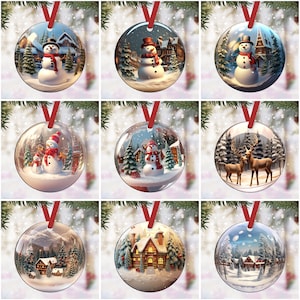 Snow Globe Christmas Ornaments Sublimation, Round Christmas Ornaments Png Bundle, 3D Round Sublimation, Digital Download Xmas Ornaments