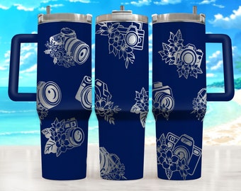 Fotógrafo de fotografía Envoltura completa grabada con láser para vaso de 40 oz, Descarga digital, Diseño sin costuras de cámaras florales, SVG para rotatorio láser