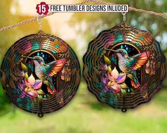 Hummingbird Wind Spinner Stained Glass Sublimation Design Template, Wind Spinner PNG, 10 inch Round Sublimation, Round Hanging Spinners png