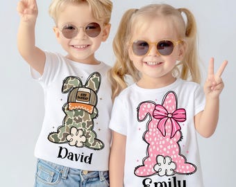 Personalized Egg Hunter Bunny Boy/Girl PNG, Boy Bunny With Backwards Cap Png, Floral Easter Bunny Girly File, Preppy Kids Easter Camo Png