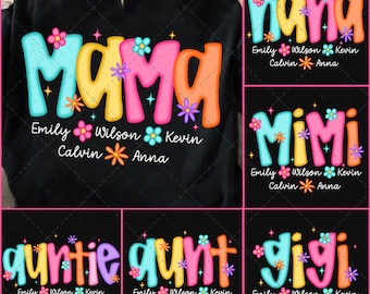 Paquete de 6 PNG Mamá/Gigi/Nana Neón, Mamá Floral, Abuela Nana con nombres de niños Png, Png Diario, Mamá Preppy Personalizada Png, Día de la Madre Png
