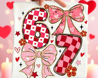 Funny Six Seven Valentine Coquette Bow Png, 67 Viral Internet Joke Digital Design, Preppy Heart Bow Shirt Design, Social Media Humor Png
