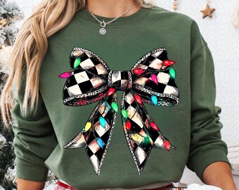 Coquette Christmas Shirt Sublimation Christmas Lights Bow PNG Merry Christmas Sweatshirt Digital Print PNG Checkered Christmas Coquette PNG
