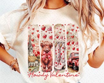 Howdy Valentine Coquette PNG, Valentines Sublimation Designs, Highland cow png, Valentines shirt png, valentinesbow cupid png, Western png