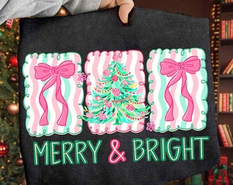 Floral preppy christmas tree bow png, merry & bright png, floral coquette png, preppy christmas png, Pink Blue christmas png,merry christmas