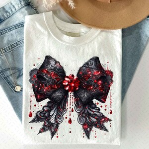 Coquette Halloween Png, Vampire Png, Coquette Halloween Bow Png, Bloody Gothic Lace Bow Png, Spooky Season Png, Halloween Shirt Design image 3