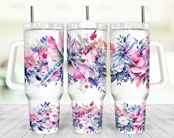 40Oz Tumbler Wrap Floral Dragonfly , Sublimation Design Templates, 40Oz Png Digital Download. Clip Art Download, 40Oz Tumbler With Handle