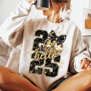 Happy New Year 2025 Png, Trendy New Years Eve Png, Black And Gold Sequins Glitter Faux Sparkly New Year Shirt Design Png, Hello 2025 Png
