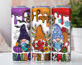 3D Happy HalloThanksMas Gnomes Inflated Tumbler Wrap, Retro Fall Thanksgiving Puffy Tumbler, Inflated Gnome, Puffy Christmas Design