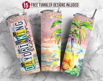 Day drinking season 20 oz skinny tumbler sublimation design Summer funny quote Mojito cocktail digital PNG Straight wrap Waterslide download