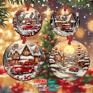 3D Christmas Sublimation Designs Download Sublimation Decoration Designs Background Christmas Ornaments PNG Digital Designs Red Truck 2023