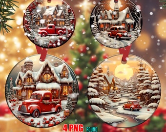Op de afbeelding: Vier ronde kerstversieringen met winterse taferelen met huizen, sneeuw, bomen en rode pick-up trucks. De ornamenten zijn perfect om een feestelijke touch aan uw kerstdecoratie te geven.