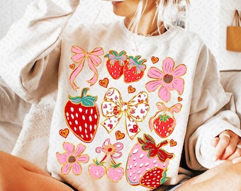 Boho Strawberry Coquette png, preppy aardbeien png, aardbeifestival png, zomeraardbei png, bloemenaardbei png, boho zomer png